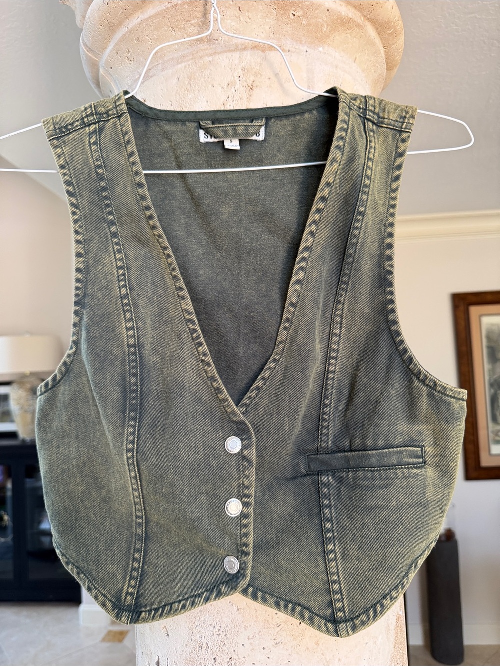 Signature8 Olive Green Washed Denim Vest Size S